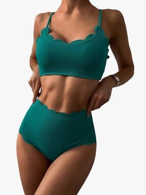 Teal Scalloped Bikini Top and High-Waist Bottoms